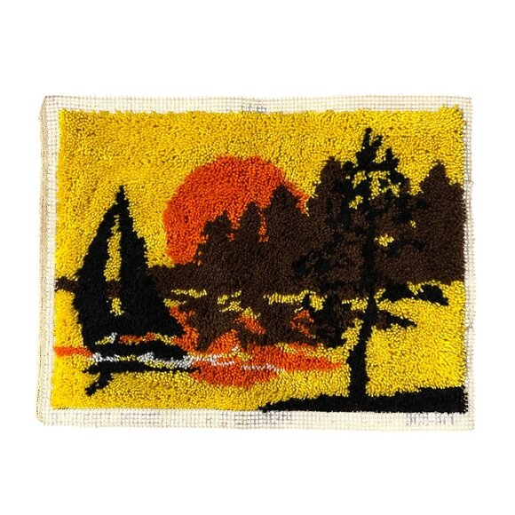 Vintage Latch Hook Rug Wall Hanging Sunset Sailboat 1970s Yellow Orange Brown - Picture 2 of 7